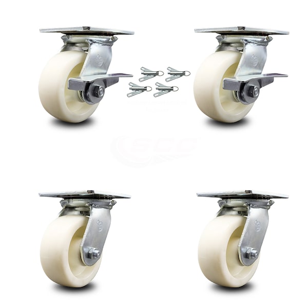 Service Caster 5 Inch Nylon Caster Set with Roller Bearing 4 Swivel Lock and 2 Brake SCC SCC-35S520-NYR-SLB-BSL-2-BSL-2 - main
